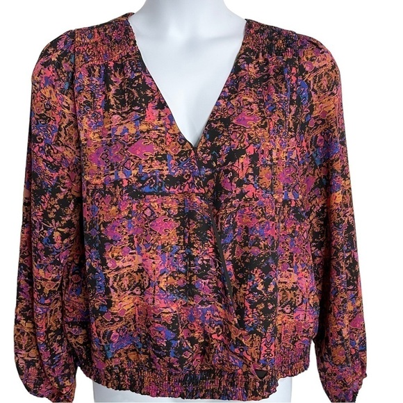 ALLISON Joy Evereve Penelope Multicolor Abstract Print Long Sleeve Wrap Top Sz L - Picture 2 of 9